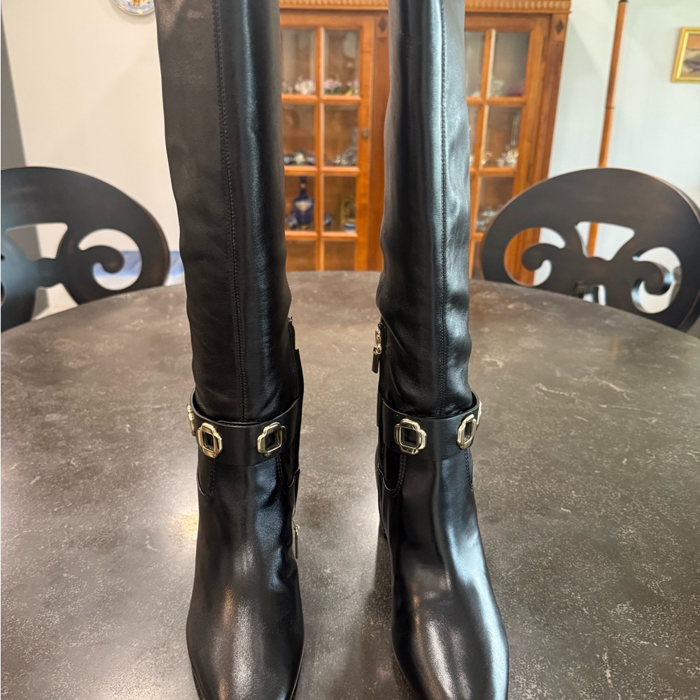 Larroude Black Knee-High Heeled Boots with Gold Buckles